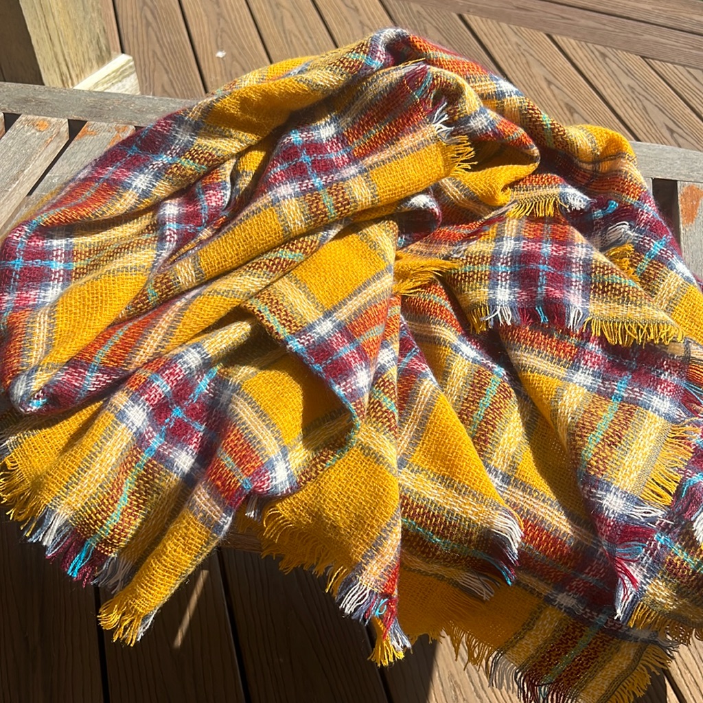 Brand New Blanket Scarf Plaid Yellow Burgundy And Blue 54 X 54 Brand New Blanket Scarf Plaid Yellow Burgundy And Blue 54 X 54
